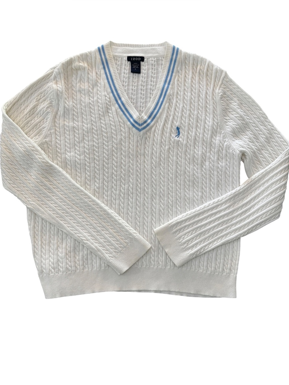 Vtg IZOD Cable Knit Golf Sweater White Blue V-Neck Cotton Preppy Tenniscore L
